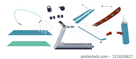 Modern gym sports inventory flat color vector objects set 121620827