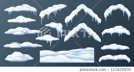 Snow piles caps snowdrifts and icicles realistic icons set 121620876