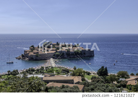 Montenegro, Budva, The small peninsula of Sveti Stefan is one of the symbols of Montenegro Montenegro, Budva, The small peninsula of Sveti Stefan is one of the symbols of Montenegro 121621027