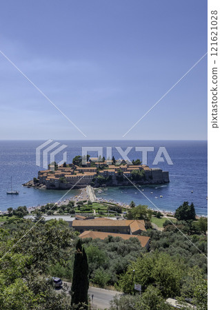 Montenegro, Budva, The small peninsula of Sveti Stefan is one of the symbols of Montenegro Montenegro, Budva, The small peninsula of Sveti Stefan is one of the symbols of Montenegro 121621028