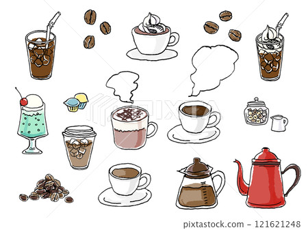Hand-drawn cute coffee illustration set 121621248