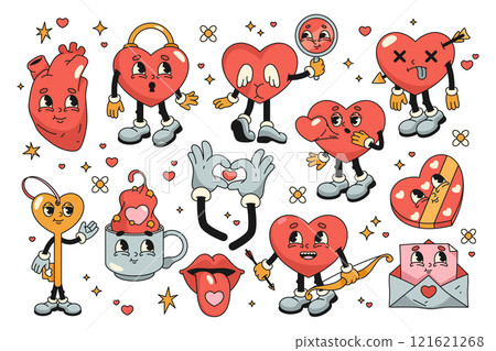 Funny retro characters or pop art icons for Valentines day. Vector stickers set. Anthropomorphic comic personages of hearts. Groovy cupid heart, angel, lock and key mascots. Comic vintage collection. 121621268