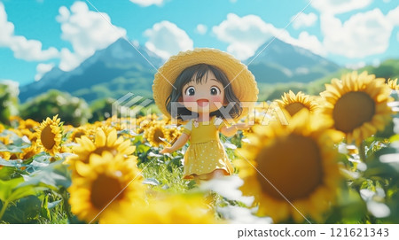 Smiling girl in a sunflower field: Nendoroid-style summer scenery 121621343