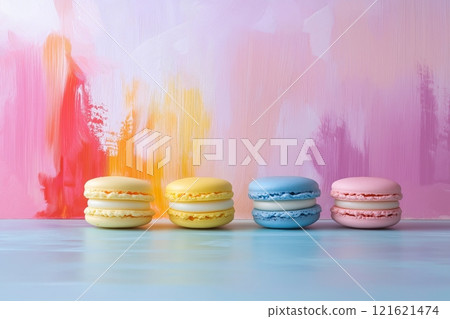 Colorful macarons arranged on a pastel background with vibrant textures 121621474