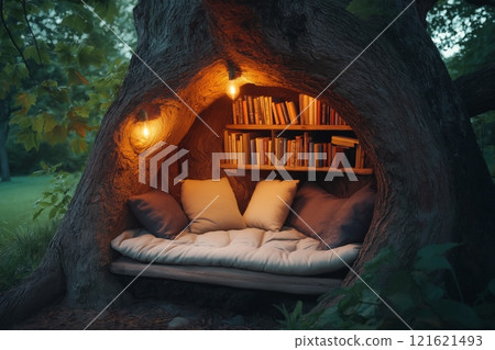 Cozy reading nook in a tree with warm lights and a bookshelf 121621493