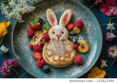 Colorful bunny-shaped pancake presented with fresh fruits and flowers 121621494