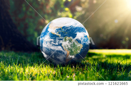 Earth globe on grass, climate change concept 121621665