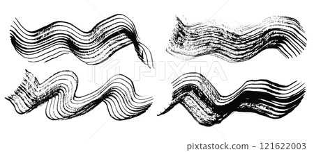 Artistic set of wavy textured vector black ink brush stroke borders. Abstract line curve dynamic isolated grunge paintbrush for texture design, abstract sound wave background, striped mascara 121622003