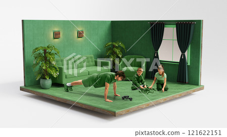A family engaging in activities in a green-themed living room, with the father doing push-ups and children playing with toys. 3D model of room. A family engaging in activities in a green-themed living room, with the father doing push-ups and children playing with toys. 3D model of room. 121622151