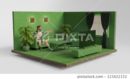 A man enjoying a beer while watching a sport match in a green-themed living room, featuring a modern sofa, plants, and a flat-screen TV. 3D model of room. 121622152