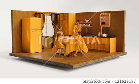 A family of four sharing a meal in a retro-style yellow kitchen, showcasing warm tones and nostalgic vibes. 3D model of room. 121622153
