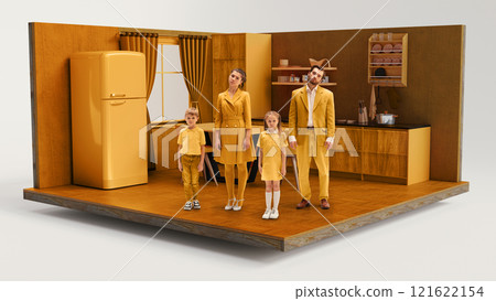 A family of four standing in a retro yellow-themed kitchen with coordinated outfits, exuding a vintage aesthetic. 3D model of room. 121622154