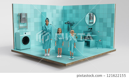 A family of three, dressed in matching blue robes, standing together in a bright, blue-tiled 3D model of bathroom with modern design elements. A family of three, dressed in matching blue robes, standing together in a bright, blue-tiled 3D model of bathroom with modern design elements. 121622155