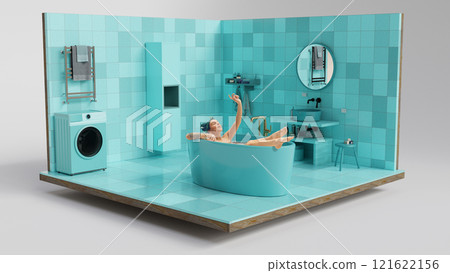 Young relaxed woman enjoying a bath in a 3D model of contemporary blue-tiled bathroom with modern fixtures and a washing machine. Young relaxed woman enjoying a bath in a 3D model of contemporary blue-tiled bathroom with modern fixtures and a washing machine. 121622156