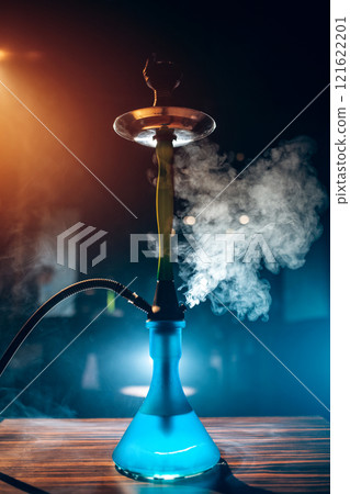 backlighted hookah in smoke cloud, stylish shiny shisha in club 121622201