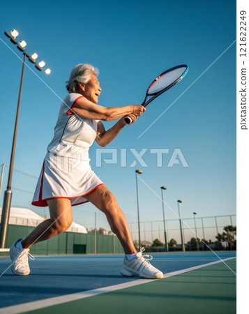 Senior chinese woman playing tennis on outdoor court in bright sunlight 121622249