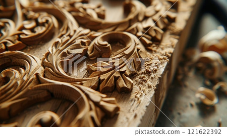 Exquisite Hand-Carved Wooden Artwork Detail Close-Up 121622392
