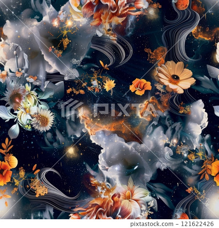 Enchanting Cosmic Floral Universe - Abstract Space and Flowers Design 121622426