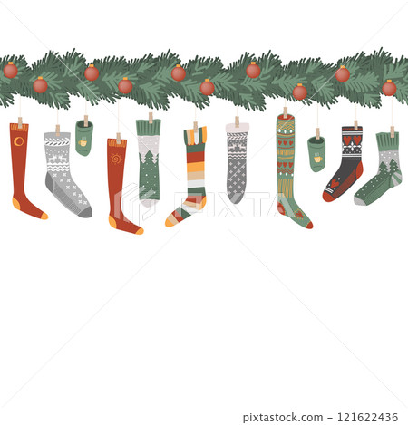 Christmas Fir seamless garland decorated with cozy socks and red balls. Border for cards and Xmas decor, vector illustration 121622436