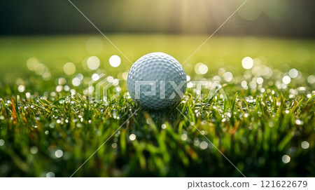 Close-up view of white golf ball on green fairway at sunny day at outdoor golf course. Generative AI 121622679