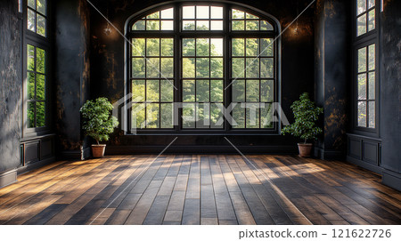 Spacious and Minimalist Dark Loft Room With Plants and Natural Light. Generative AI 121622726