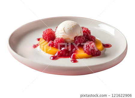 Peach Melba dessert, A zesty-sweet blend of flavors, combining tangy peaches with raspberry sauce and vanilla ice cream for a refreshing and delightful experience. AI Generated 121622906