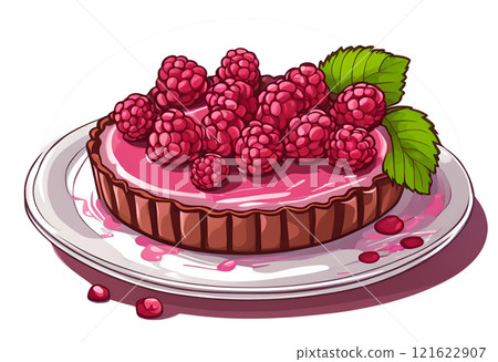 Illustration of a beautifully decorated Raspberry Chocolate Tart, with vibrant colors and an appetizing appearance, showcasing its rich chocolate and tart raspberries in a buttery crust. AI Generated 121622907
