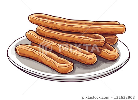 Cartoon illustration of delicious ready to eat churro dough sticks, capturing the sweet cinnamon sugar coated treats in a fun and appetizing style. AI Generated 121622908