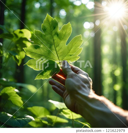 Ecological Harmony: Man's Hand Touching Green Leaf in Sunlit Forest 121622979