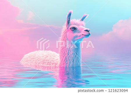 Whimsical Llama in a Surreal Water Landscape Surrounded by Soft Pink and Blue Hues 121623094