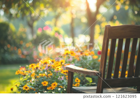 A wooden bench is sitting in a garden with flowers. The scene is peaceful and serene A wooden bench is sitting in a garden with flowers. The scene is peaceful and serene 121623095