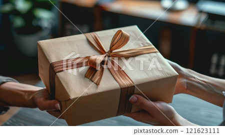 Corporate gift delivery, Professional handover of business present in office setting Corporate gift delivery, Professional handover of business present in office setting 121623111