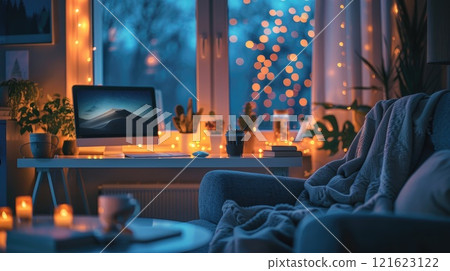 A peaceful home office space featuring a cozy chair and a tidy desk, and bokeh lights adding a touch of warmth 121623122