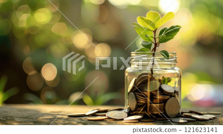 A jar filled with coins and a small plant 121623141