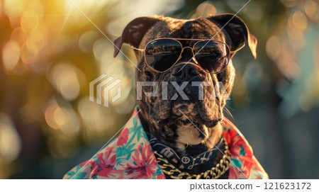 Stylish cool dog in Hawaiian shirt and sunglasses, posing confidently with gold chains against a summer background 121623172