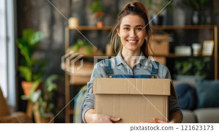 A young female happy smiling employee of moving service in overall standing in the living room of new house holding cardboard boxes in hands 121623173