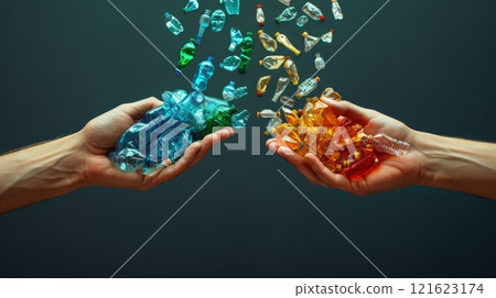 Two hands holding two different colored piles of plastic bottles Two hands holding two different colored piles of plastic bottles 121623174
