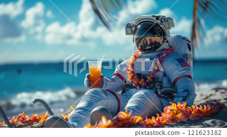 Summer background, An astronaut with hawaiian costume tropical palm and beach background 121623182