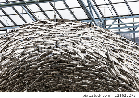 Part of the sculpture of a school of fish made of silvered metal. Symbol of the Fisketorvet Copenhagen Mall shopping center in Copenhagen, Denmark. Part of the sculpture of a school of fish made of silvered metal. Symbol of the Fisketorvet Copenhagen Mall shopping center in Copenhagen, Denmark. 121623272