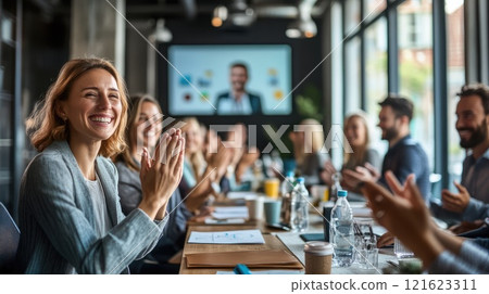 Business Team Applauding Achievement in Bright Meeting Room, Celebrating Success in the Modern Workplace 121623311