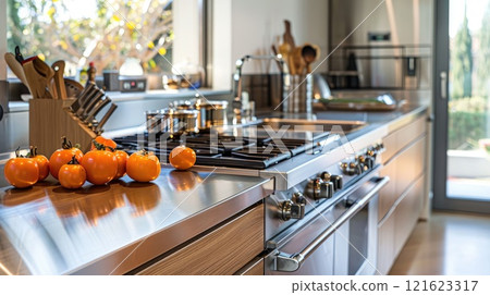 A kitchen with a stainless steel countertop 121623317