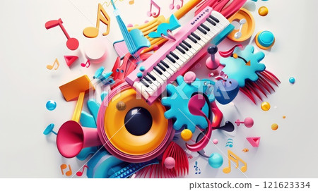 A colorful and abstract image of a keyboard and other musical instruments 121623334