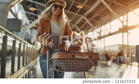 Stylish Young Woman with Luggage Cart and Fluffy Dog in Airport Terminal 121623335