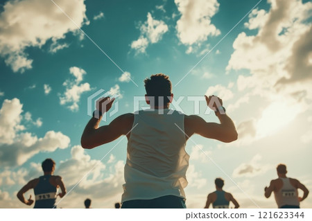 A man in a white tank top is running with other people A man in a white tank top is running with other people 121623344