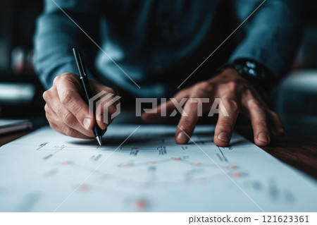 A man is writing with a pen on a piece of paper A man is writing with a pen on a piece of paper 121623361