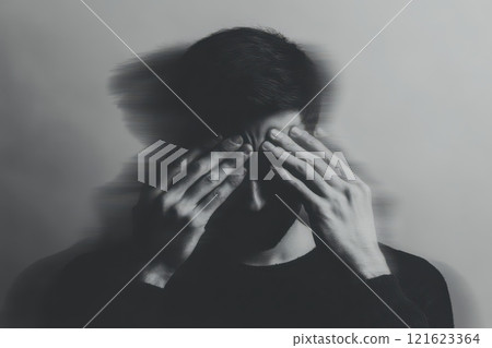 A man is looking at the camera with his hands on his face 121623364