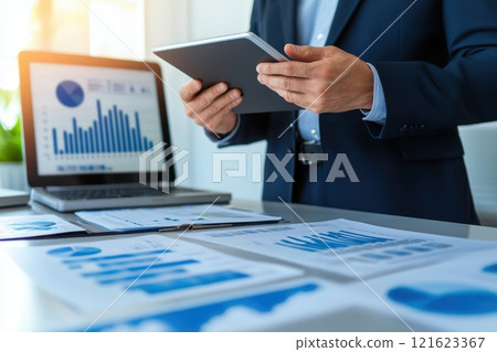 A man in a suit is looking at a laptop and tablet displaying graphs A man in a suit is looking at a laptop and tablet displaying graphs 121623367