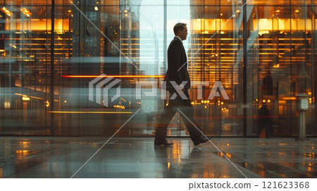 A businessperson walking alongside a glass-walled office building, with reflections and moving to the urban A businessperson walking alongside a glass-walled office building, with reflections and moving to the urban 121623368