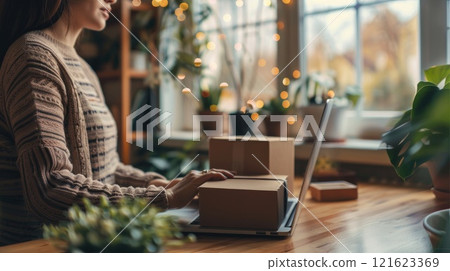 Modern home office workspace of female online entrepreneur organizing orders on laptop with cardboard box 121623369