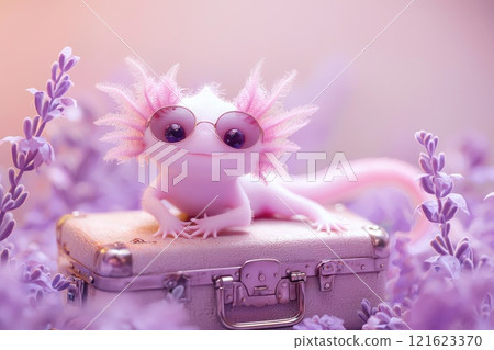 Cute and Quirky Pink Axolotl Wearing Sunglasses Posing on a Silver Suitcase Surrounded by Lavender Flowers in Dreamy Settings 121623370